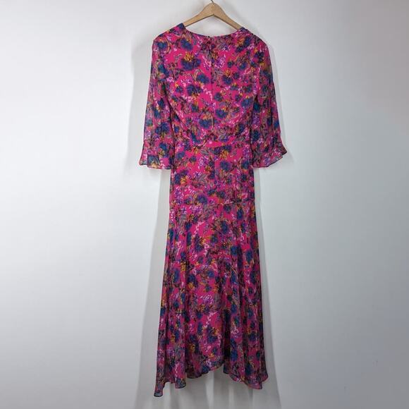 Saloni Edith Pink Floral V-Neck Midi Dress Silk Ruffle Size 0 Women's Preowned - Picture 6 of 15